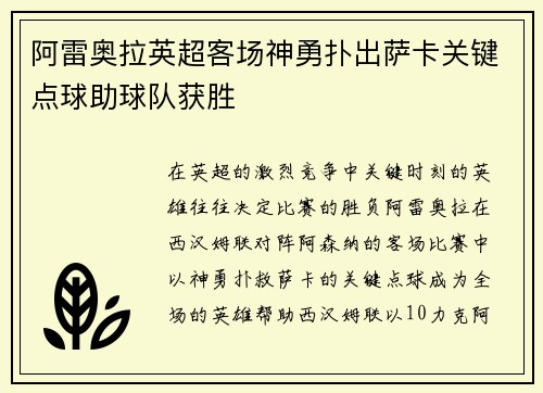 阿雷奥拉英超客场神勇扑出萨卡关键点球助球队获胜